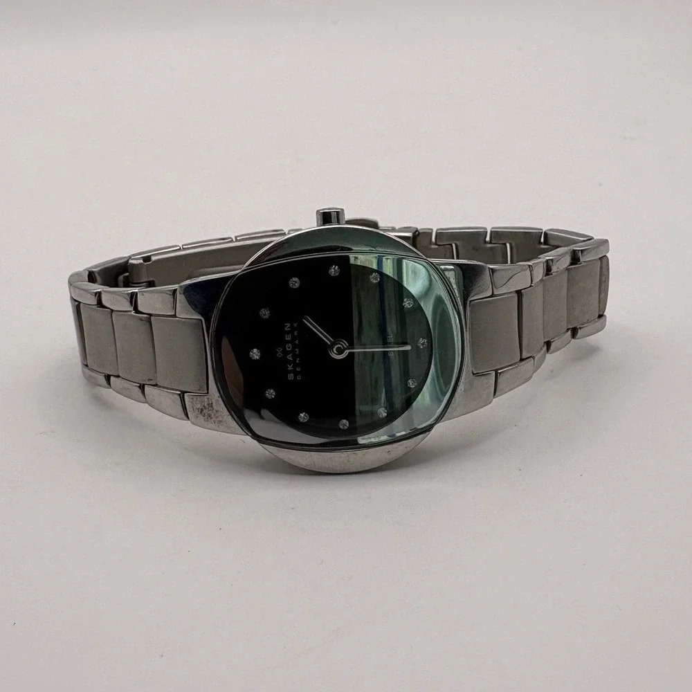 Skagen Denmark Slim Stainless Steel Watch (Parts or Repair)Black Crystal Markers